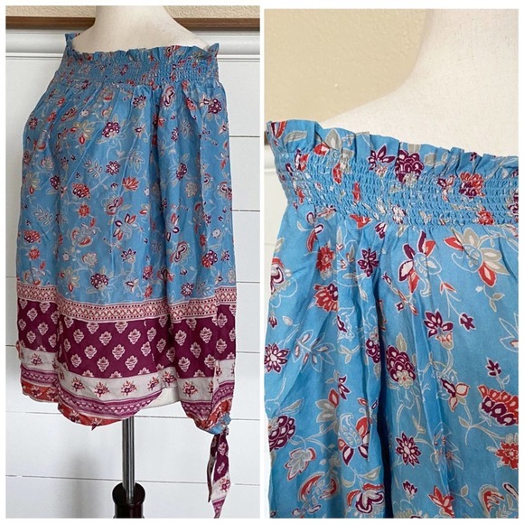 BEACHLUNCHLOUNGE Blue Floral Off Shoulder Boho Peasant Top - S NWT - Picture 3 of 7